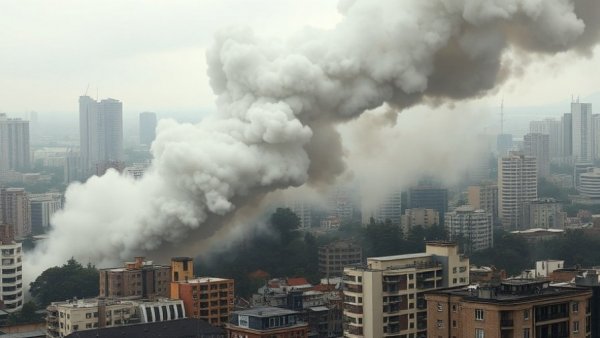 Dramatic scene of smoke over city buildings representing global energy concerns.