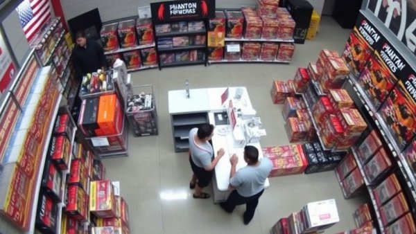 Aerial view of a store with a person at the checkout, CCTV footage.