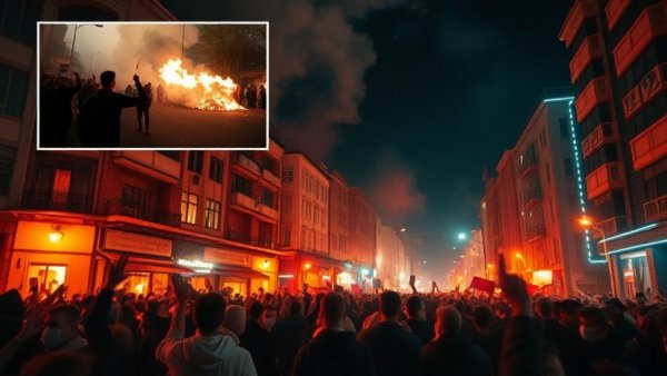 Dramatic night protest scene in Iran with fires and crowd.