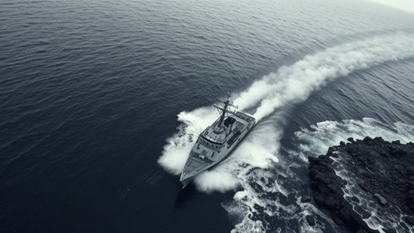 Aerial view of military operation near coast with boat smoke.