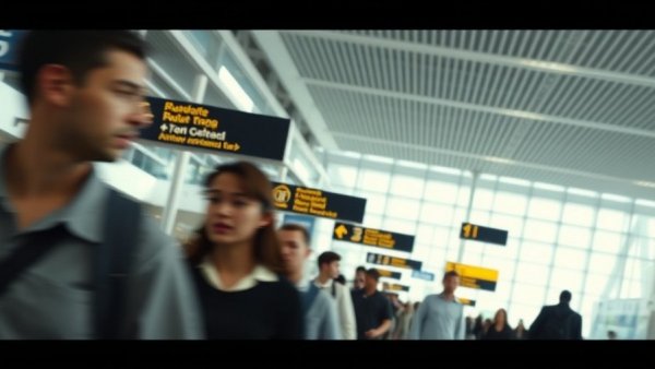 Busy airport terminal with travelers and signage indicating directions.