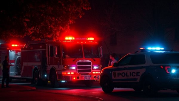 Houston news fire scene with fire truck and police SUV at night.