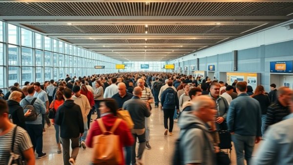 Busy airport terminal with travelers, Global Entry program reinstated.
