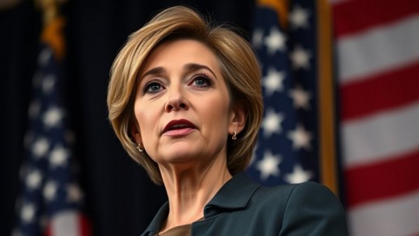 Confident woman speaking at podium with USA flag background.