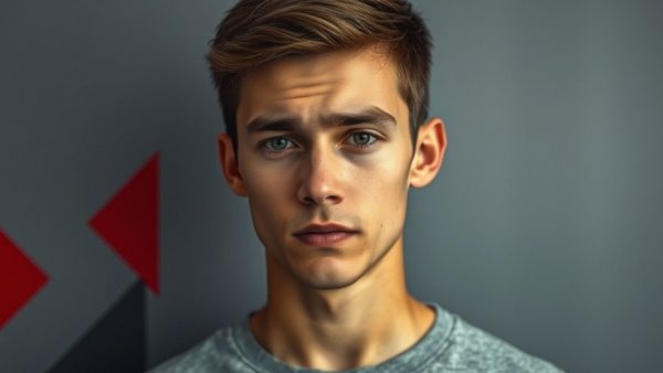 Young male portrait with a neutral background, serious expression, red design.