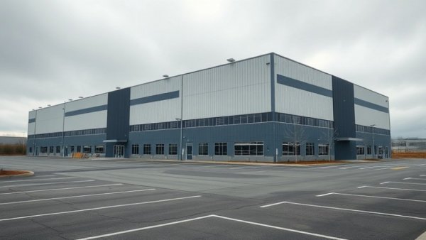Industrial building at East Side ICE facility, cloudy sky