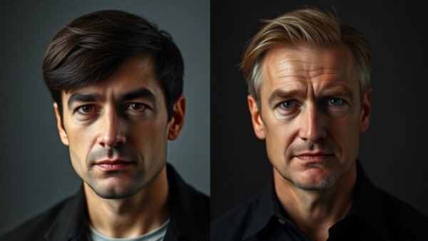 Juxtaposed figures, one dark-haired, one light-haired, in a professional setting.