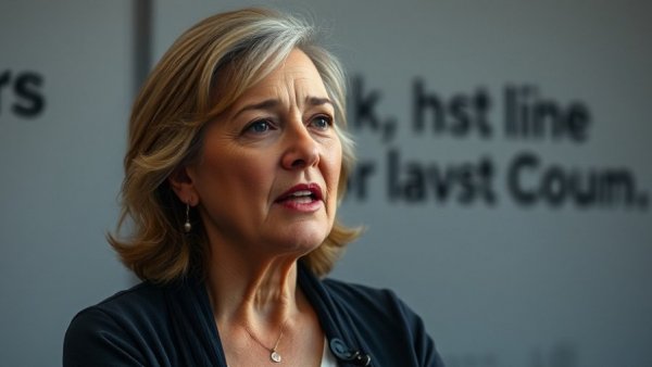 Middle-aged woman speaks passionately on landmark legislation on housing affordability.