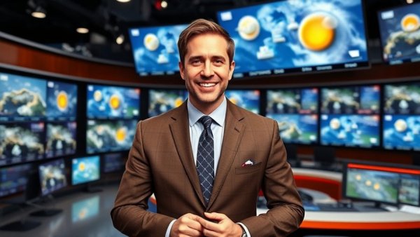 San Antonio weather news meteorologist presenting forecast in modern studio.