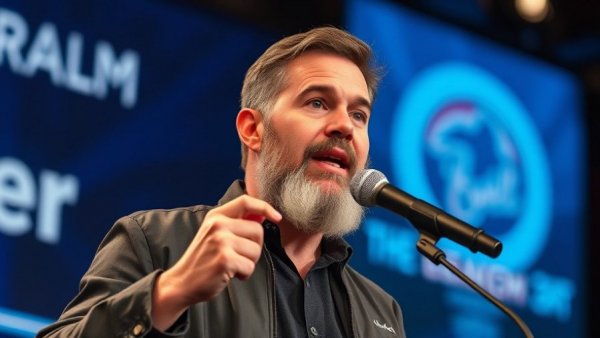 Speaker at a podium during Texas breaking news event, vibrant blue lighting.