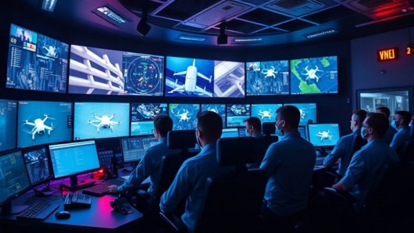 High-tech control room managing drone response to school shootings.