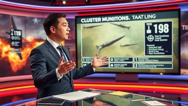 News anchor explains cluster munitions with diagrams on screen, Iran Ramp Up Cluster Munitions.