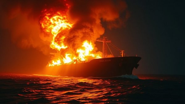 Iran targeting tankers in Gulf, fiery tanker explosion, night scene.