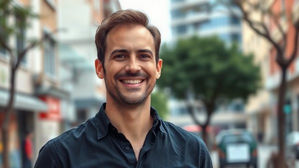Round Rock mayoral candidate joyful outdoors in public space.