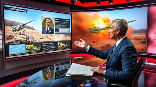 News segment on cluster munitions with graphics and live explanation.