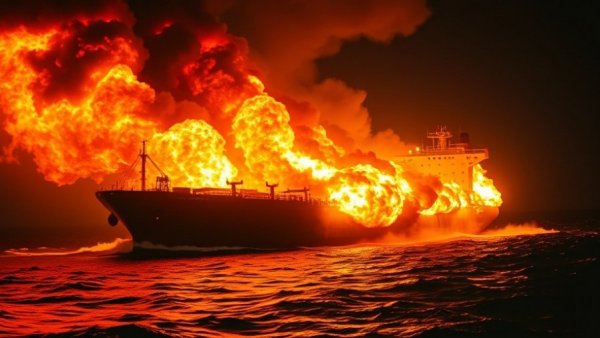 Iran targets oil tankers, fiery scene on the sea at night.