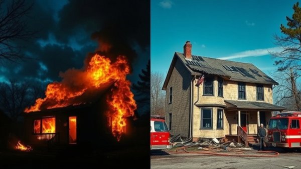 Dallas news fire scene with house engulfed in flames and daytime aftermath.