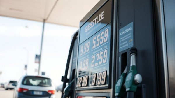 Modern gas station fuel pump with vehicle in daylight.