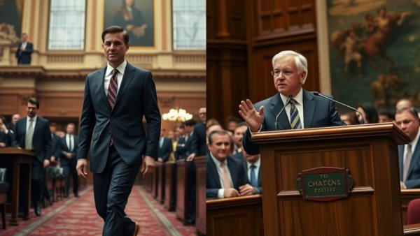 Discussing the Talking Filibuster and SAVE America Act, two men in dynamic political scenes.