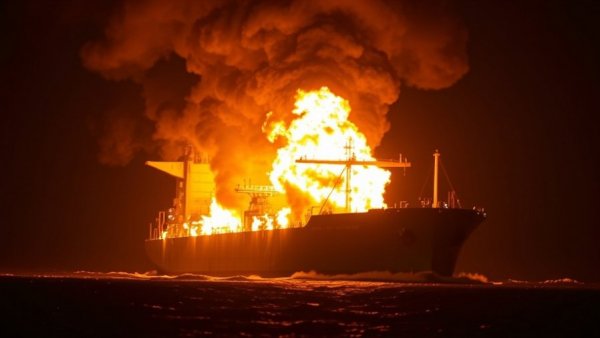Iran targets tankers off Iraqi coast, oil tanker on fire at night.