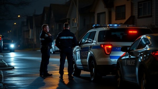 Houston news today: police officers interacting by patrol car at night.