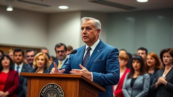 Man in suit at podium discussing Texas school voucher lawsuit.