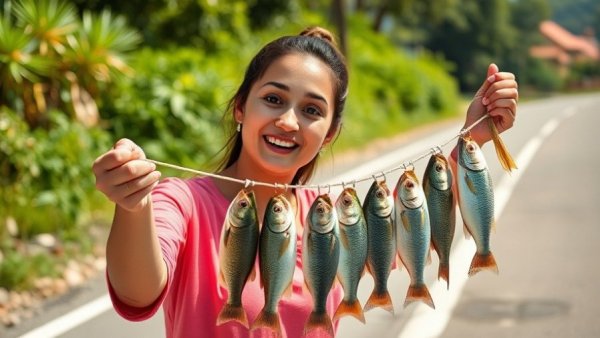 Smiling woman holding fish roadside, sunny day, Texas.