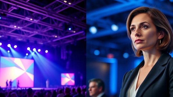 Contrasting scenes of an event stage and a professional woman, featured in Houston news today.