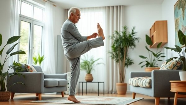 Senior man practicing healthy aging tips in a bright living room.