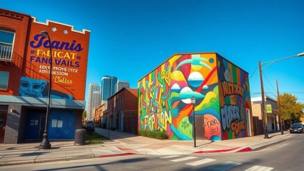 Colorful Dallas street corner with vibrant mural and street signs.