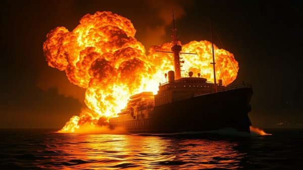 Iran war disrupts global oil trade with burning ship at night.