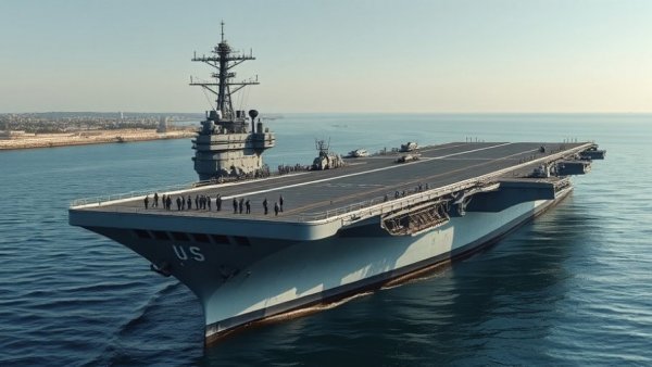 U.S. military aircraft carrier in harbor with sailors, serene ocean backdrop.