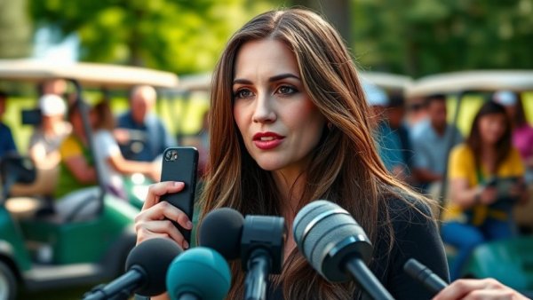 Woman speaking to media at outdoor event, holding phone, Lina Hidalgo manhandled at rodeo