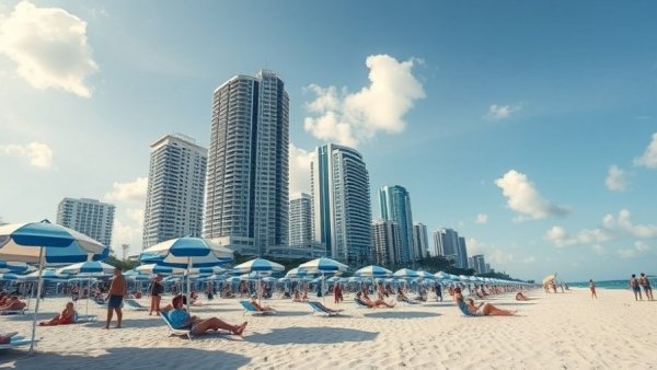 Miami Beach scene with sunbathers and umbrellas under spring break restrictions.