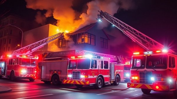 Fire trucks at night responding to building fire in urban area.