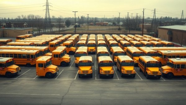 Judson ISD budget cuts impact school bus operations, overcast day.