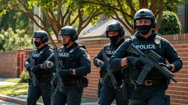 Law enforcement officers in tactical gear during a patrol, antisemitism attacks context.