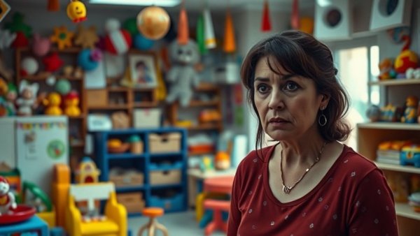 Cluttered daycare interior with concerned woman, highlighting risks of unlicensed childcare, investigative context.