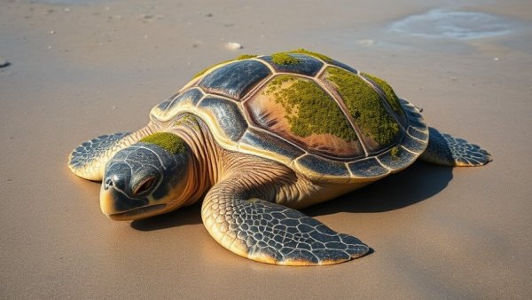 Kemp's ridley sea turtle rescue Texas: moss-covered turtle on beach.
