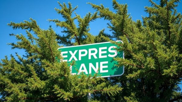 Express lane sign partly hidden by branches, Austin traffic congestion solutions.
