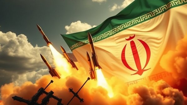 US military strikes illustration with missiles and Iranian flag.
