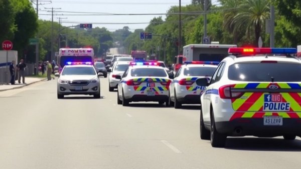 Police vehicles at Dallas news shooting scene with emergency personnel.