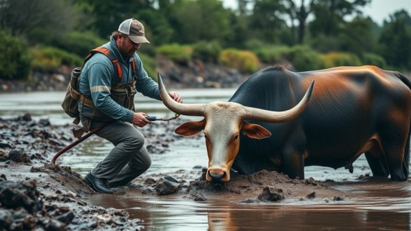 Longhorn stuck in mud being rescued near a riverside.