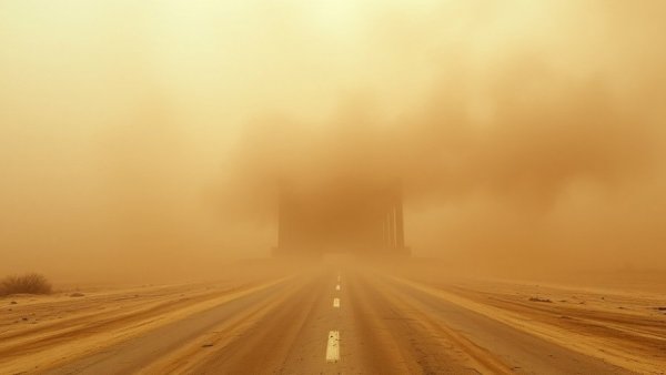Dust storm health impact: thick storm covering road and bridge.