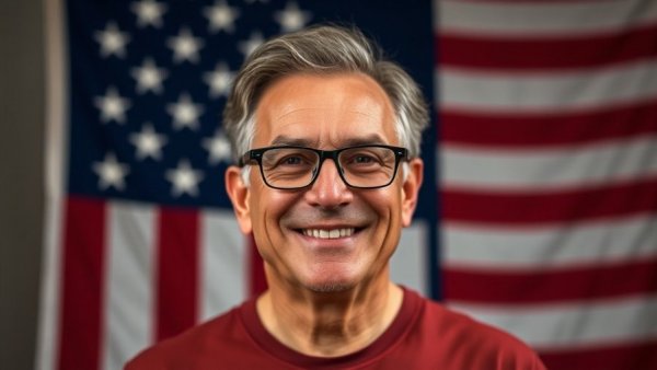 Mid-aged person with glasses smiling against American flag backdrop