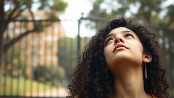 Houston news: Woman with curly hair looking upwards in gated area.