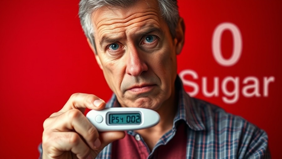 Man holding glucose meter with high blood sugar level reading.