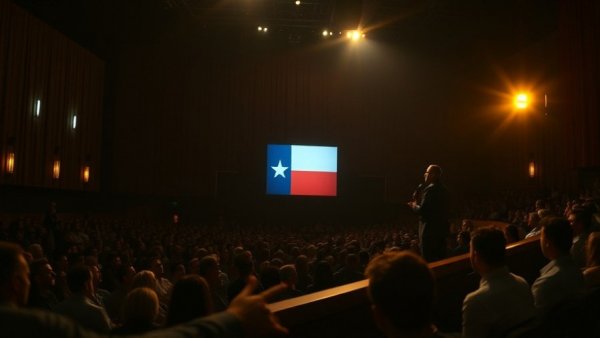 Speaker on stage at Texas elections event 2025, auditorium setting.