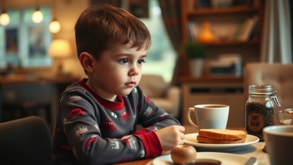 Young boy in pajamas at the breakfast table with family.