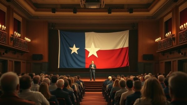 Texas Elections Latino Voter Turnout event with speaker and audience in auditorium.